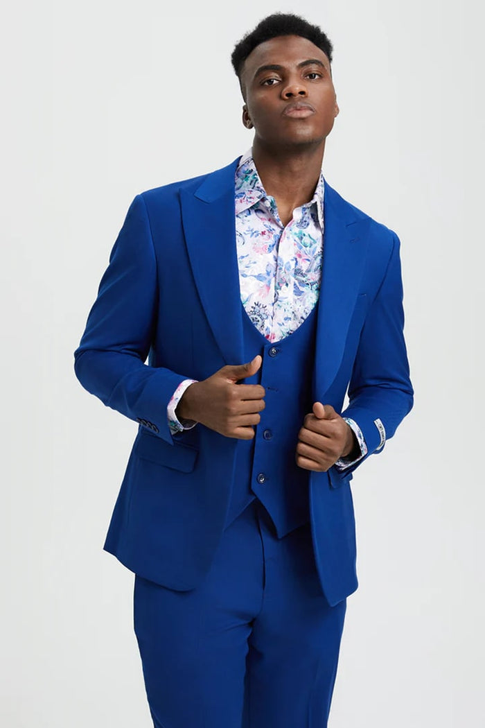 Cheap Priced Suit - Men's Vested One Button Peak Lapel Stacy Adams Designer Indigo Blue Suit