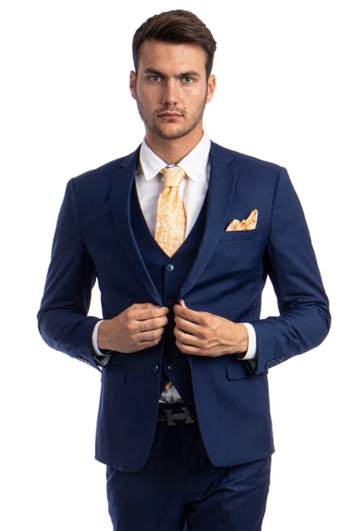 Cheap Priced Suit - Men's Two Button Slim Fit Vested Solid Basic Color Indigo Blue Suit - 38 Short Jacket+32 Waist Adjustable 28to34)(Height: 5 4 to5 7 )(Neck  15-16.5)S-M)