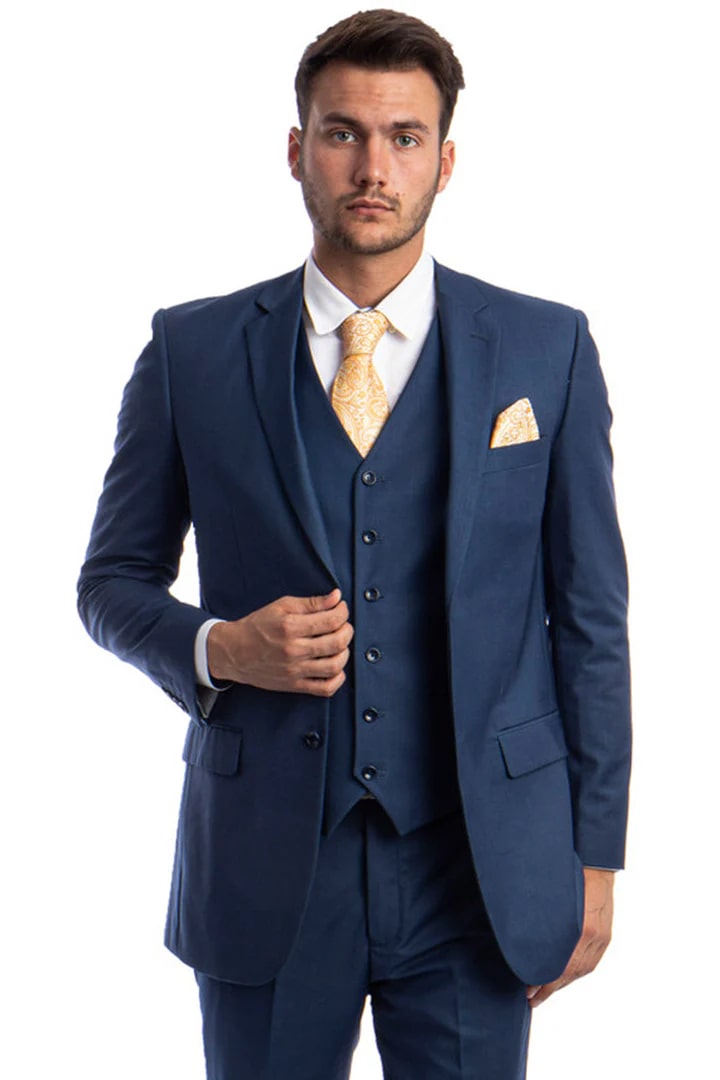 Cheap priced Suit- Men's Vested Two Button Solid Color Wedding & Business Indigo Blue Suit - 38 Short Jacket+32 Waist Adjustable 28to34)(Height: 5 4 to5 7 )(Neck  15-16.5)S-M)
