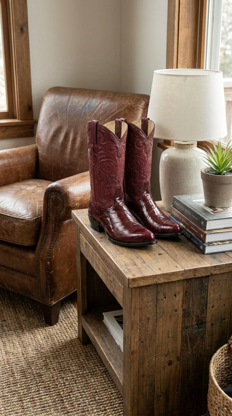 Men’s Burgundy Eel Cowboy Boots with J Toe, Exotic Leather Western Dress Boots