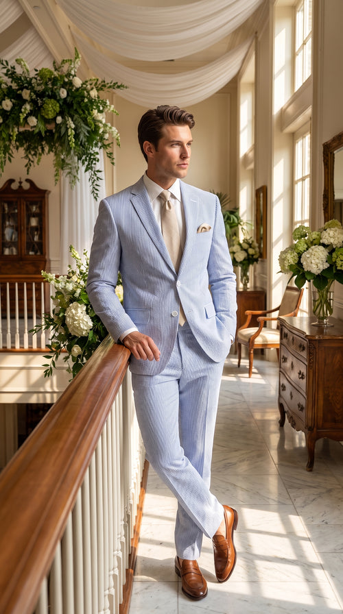 Men’s Navy Seersucker 2 Piece Suit, Modern Fit Summer Wedding Dress Suit