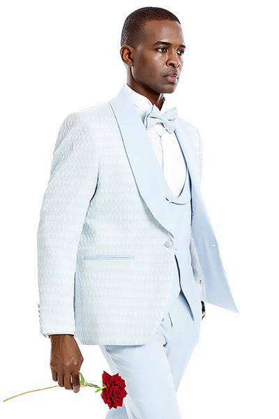 "Sky Blue Men's Wedding & Prom 2026 Tuxedo - One Button Vested Honeycomb Lace Design"