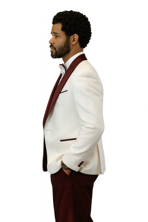 Hilton White and Burgundy Paisley Peak Lapel Tuxedo Jacket with Matching Shawl Vest and Wool Pants Includes Bow Tie