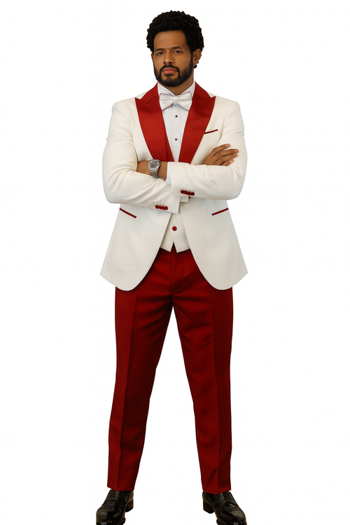 Hilton White and Red Paisley Peak Lapel Tuxedo Jacket with Matching Shawl Vest and Wool Pants Includes Bow Tie
