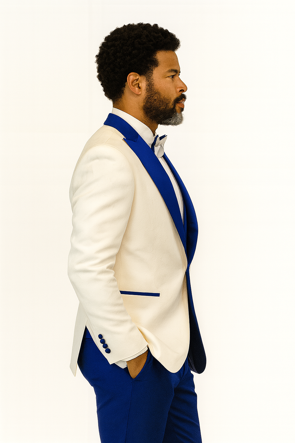 Hilton White and Royal Blue Paisley Peak Lapel Tuxedo Jacket with Matching Shawl Vest and Wool Pants – Includes Bow Tie - 34 Short or Extra Small