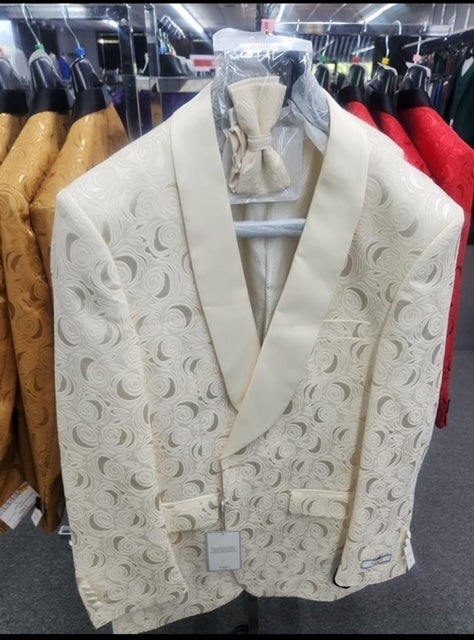 Paisley Tuxedo Dinner Jacket - Ivory - Cream - Off White Mens Blazer + Bowtie - Prom 2026 Jackets