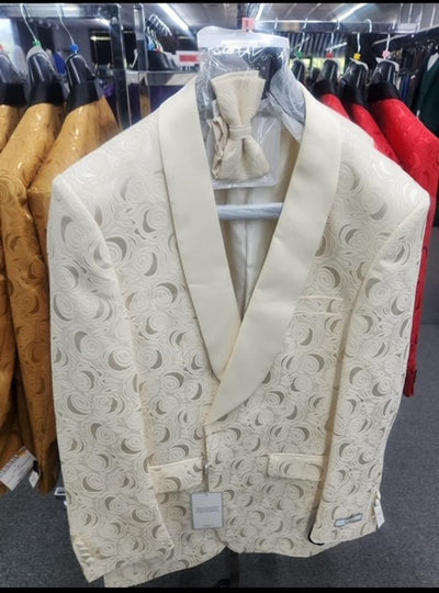 Paisley Tuxedo Dinner Jacket - Ivory - Cream - Off White Mens Blazer + Bowtie - Prom 2026 Jackets