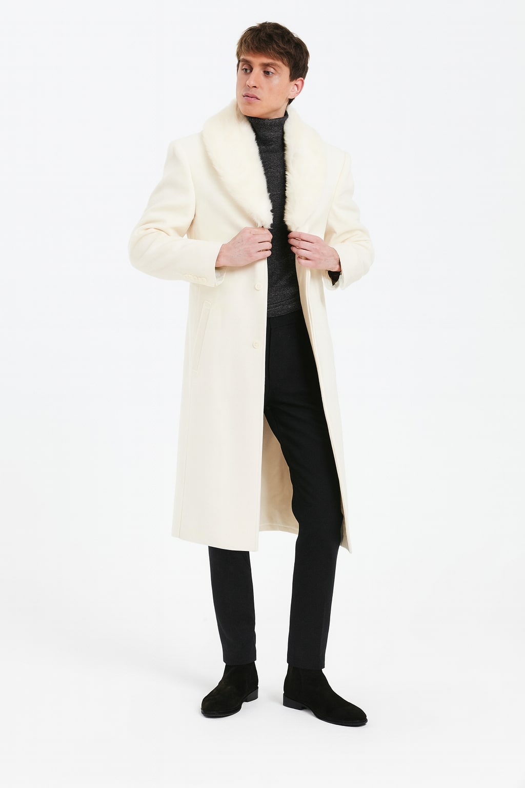Mens Ivory Full-Length Overcoat with Luxurious Faux Fur Shawl Collar – Cream Winter Dress Coat Off White Color - Coat Size 38