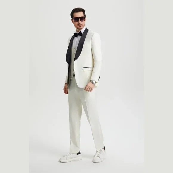 Stacy Adams 3pc Tuxedo Shawl Lapel, Off-White Ivory - 38 Short Jacket+32 Waist Adjustable 28to34)(Height: 5 4 to5 7 )(Neck  15-16.5)S-M)