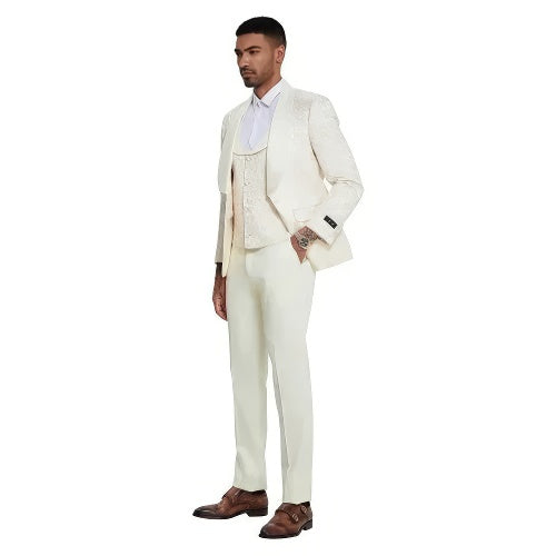 2025 Ivory Paisley 3pc Men's Suit Tuxedo by Tazzio - 38 Short Jacket+32 Waist Adjustable 28to34)(Height: 5 4 to5 7 )(Neck  15-16.5)S-M)