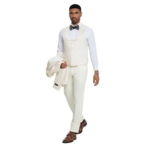 2026 Ivory Paisley 3pc Men's Suit Tuxedo by Tazzio