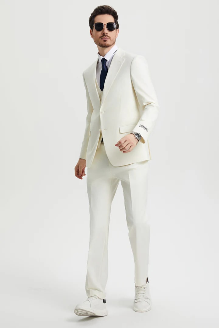 Cheap Priced Suit - Men's Two Button Vested Stacy Adams Basic Designer Sharkskin Ivory Suit - 38 Short Jacket+32 Waist Adjustable 28to34)(Height: 5 4 to5 7 )(Neck  15-16.5)S-M)