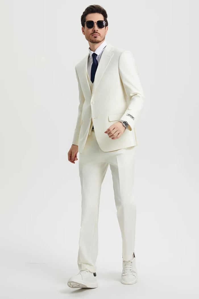 Cheap Priced Suit - Men's Two Button Vested Stacy Adams Basic Designer Sharkskin Ivory Suit