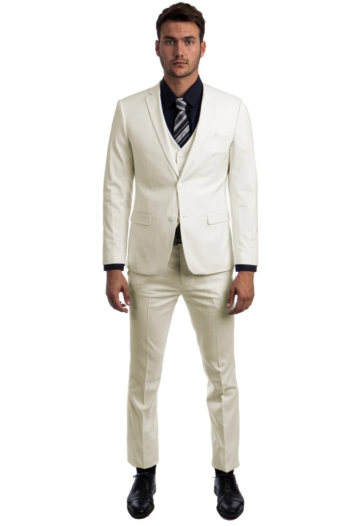 Cheap Priced Suit- Men's Two Button Slim Fit Vested Solid Basic Color Ivory Suit - 38 Short Jacket+32 Waist Adjustable 28to34)(Height: 5 4 to5 7 )(Neck  15-16.5)S-M)