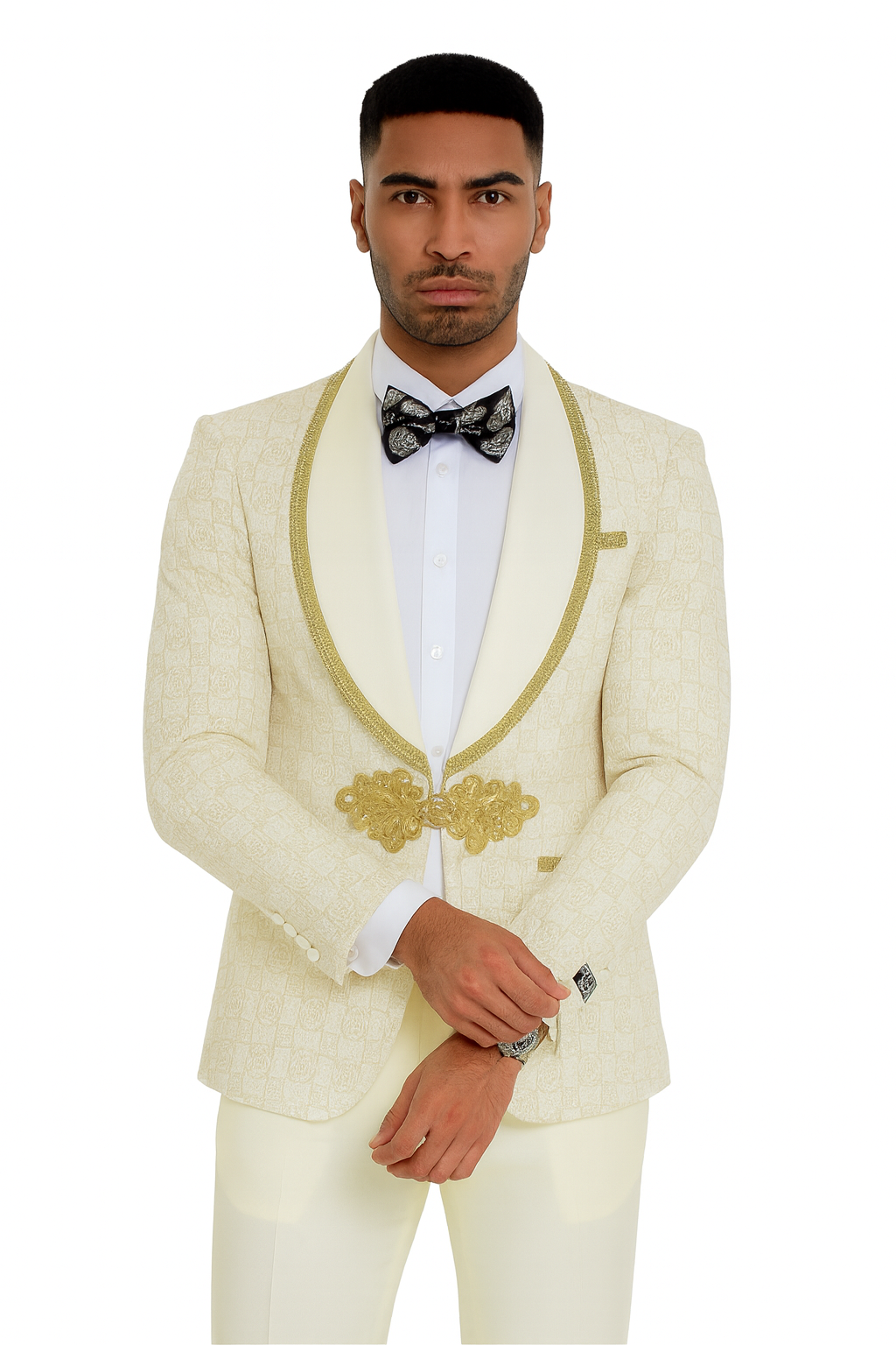 2025 Ivory and Gold 2pc Men's Prom 2025 Suit by Tazzio - 38 Short Jacket+32 Waist Adjustable 28to34)(Height: 5 4 to5 7 )(Neck  15-16.5)S-M)