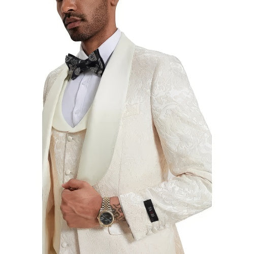 2025 Ivory Paisley 3pc Men's Suit Tuxedo by Tazzio - 38 Short Jacket+32 Waist Adjustable 28to34)(Height: 5 4 to5 7 )(Neck  15-16.5)S-M)