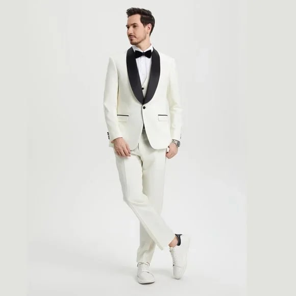 Stacy Adams 3pc Tuxedo Shawl Lapel, Off-White Ivory - 38 Short Jacket+32 Waist Adjustable 28to34)(Height: 5 4 to5 7 )(Neck  15-16.5)S-M)