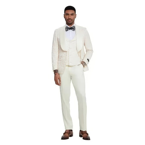 2025 Ivory Paisley 3pc Men's Suit Tuxedo by Tazzio - 38 Short Jacket+32 Waist Adjustable 28to34)(Height: 5 4 to5 7 )(Neck  15-16.5)S-M)