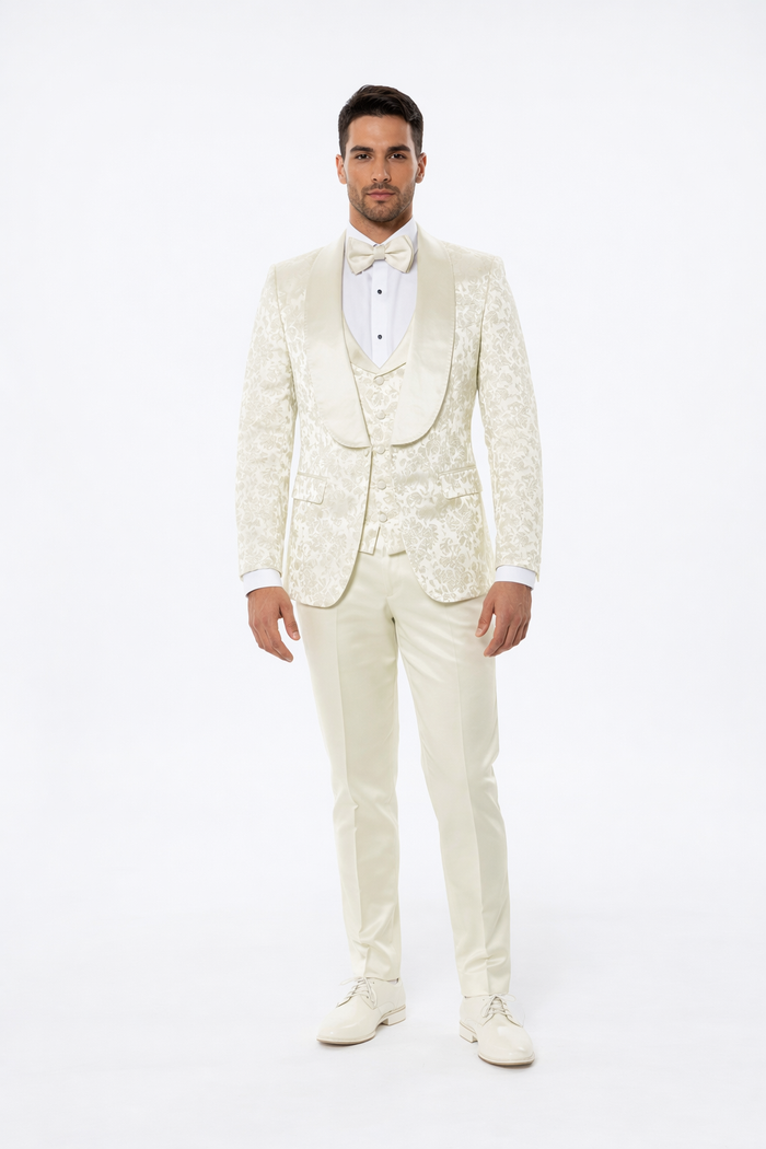 Ivory Floral Wedding Tuxedo for Men Wide Shawl Lapel Prom Suit