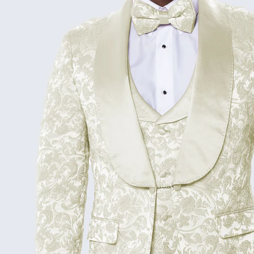 Ivory Floral Wedding Tuxedo for Men – Wide Shawl Lapel Prom Suit - 34R Coat - 28 Waist