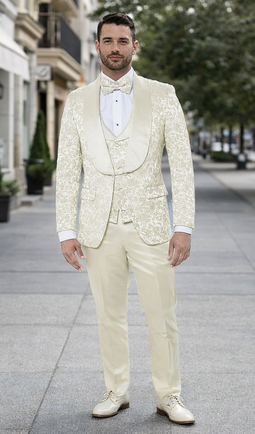 Ivory Floral Wedding Tuxedo for Men Wide Shawl Lapel Prom Suit