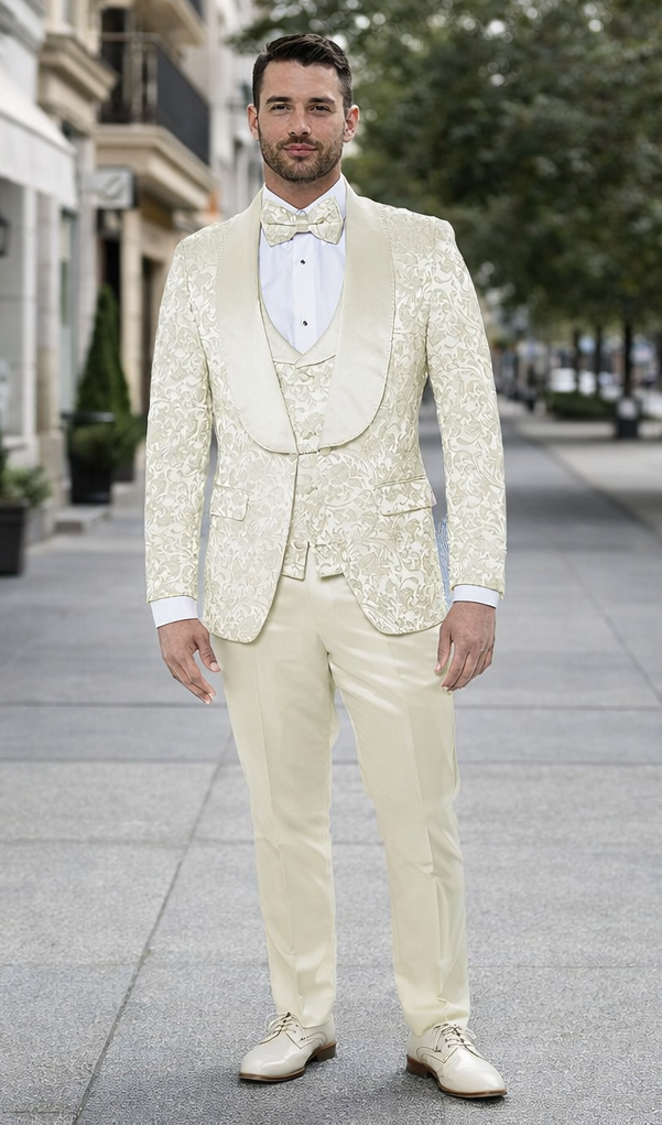 Ivory Floral Wedding Tuxedo for Men – Wide Shawl Lapel Prom Suit - 34R Coat - 28 Waist