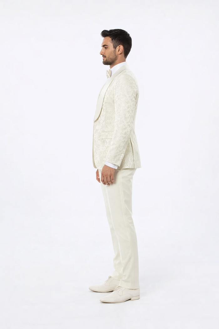 Ivory Floral Wedding Tuxedo for Men Wide Shawl Lapel Prom Suit
