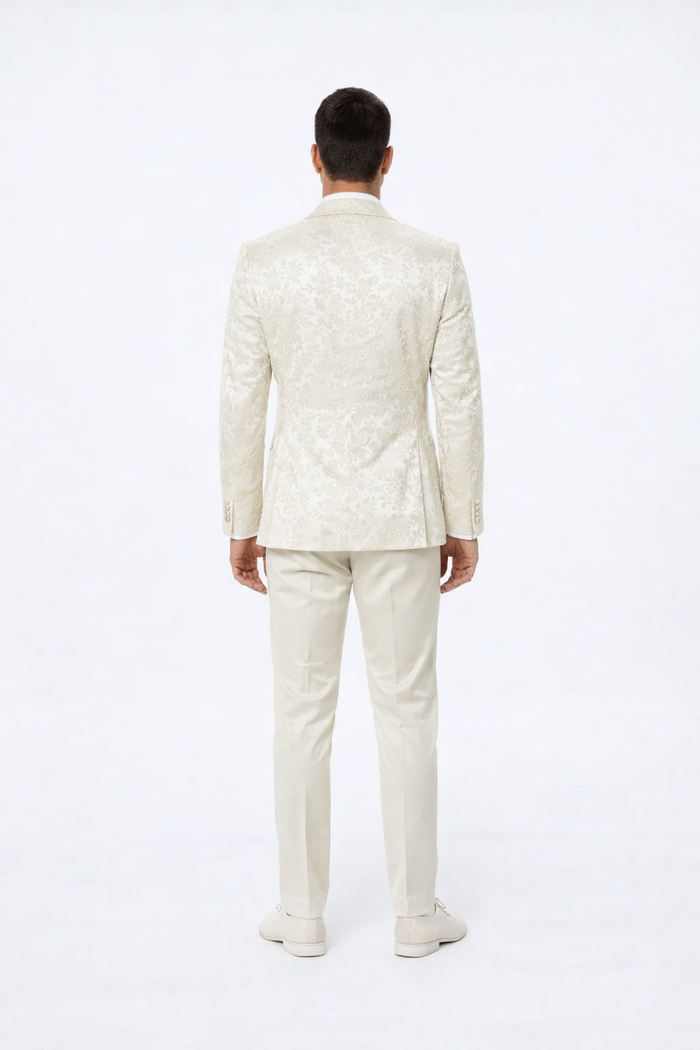 Ivory Floral Wedding Tuxedo for Men Wide Shawl Lapel Prom Suit