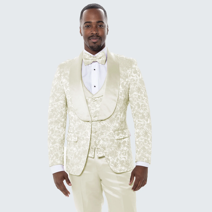 Ivory Floral Wedding Tuxedo for Men Wide Shawl Lapel Prom Suit