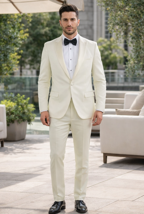 Ivory Slim Fit Tuxedo with Peak Lapel Mens Wedding Wear