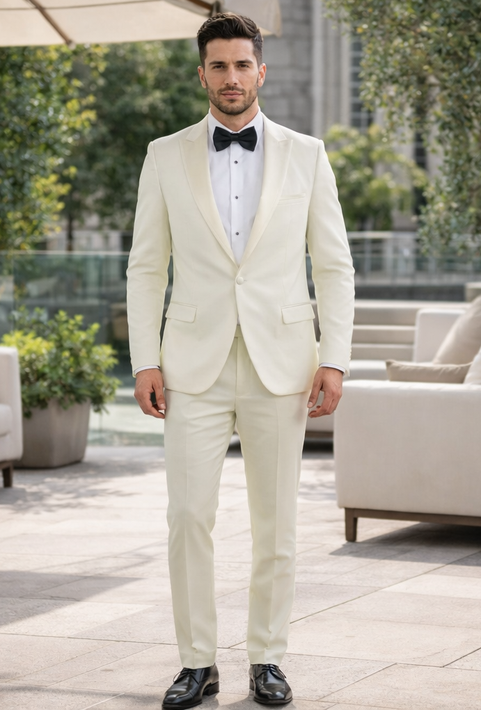 Ivory Slim Fit Tuxedo with Peak Lapel Mens Wedding Wear