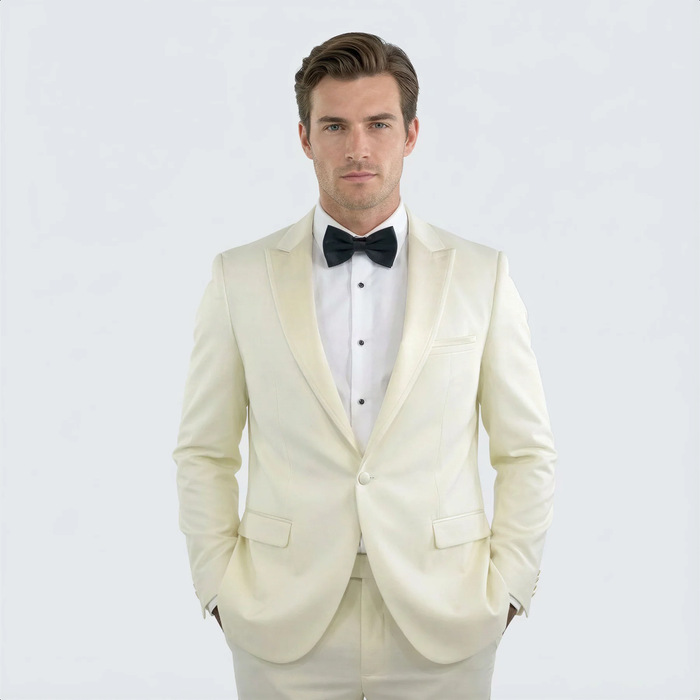Ivory Slim Fit Tuxedo with Peak Lapel Mens Wedding Wear