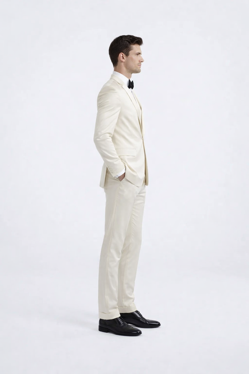 Ivory Slim Fit Tuxedo with Peak Lapel Mens Wedding Wear