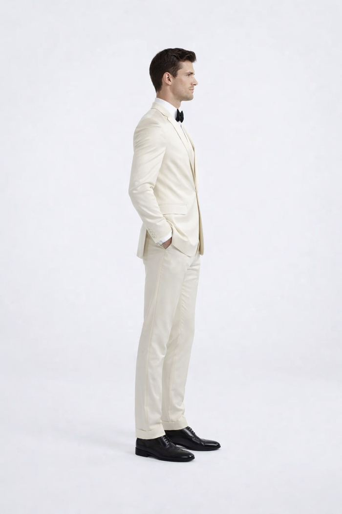 Ivory Slim Fit Tuxedo with Peak Lapel Mens Wedding Wear