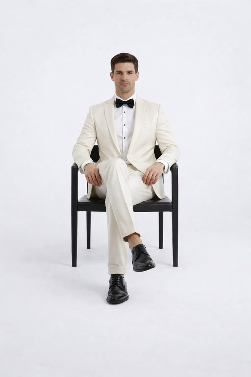 Ivory Slim Fit Tuxedo with Peak Lapel Mens Wedding Wear