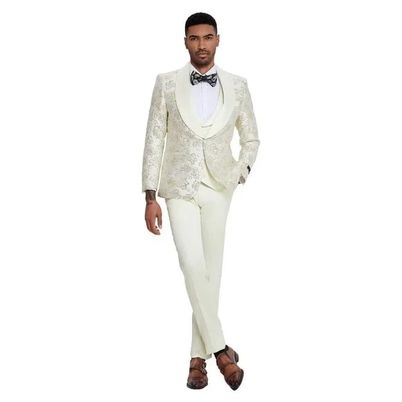 2024 Ivory Shiny Floral Mens 3pc Prom Suit by Tazzio