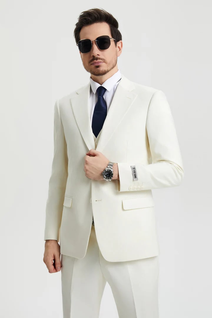 Cheap Priced Suit - Men's Two Button Vested Stacy Adams Basic Designer Sharkskin Ivory Suit - 38 Short Jacket+32 Waist Adjustable 28to34)(Height: 5 4 to5 7 )(Neck  15-16.5)S-M)