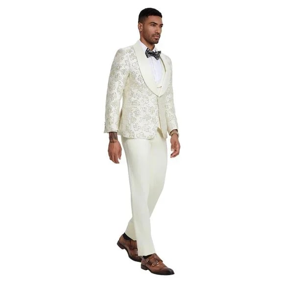 2024 Ivory Shiny Floral Mens 3pc Prom Suit by Tazzio