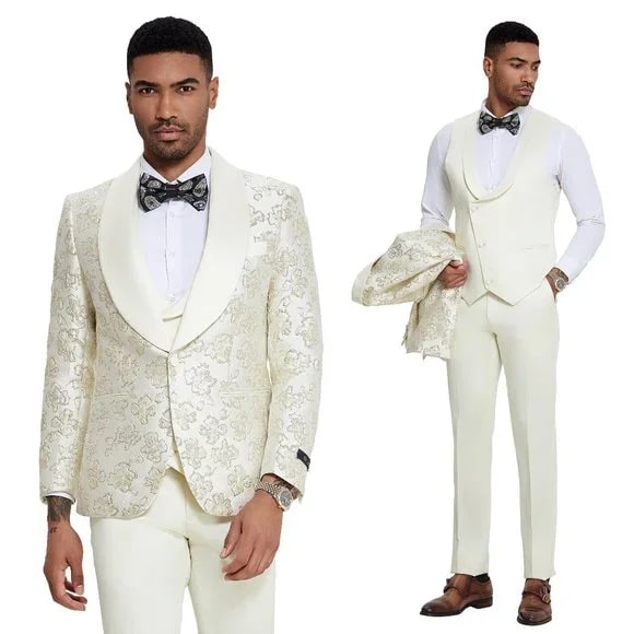 2024 Ivory Shiny Floral Mens 3pc Prom Suit by Tazzio