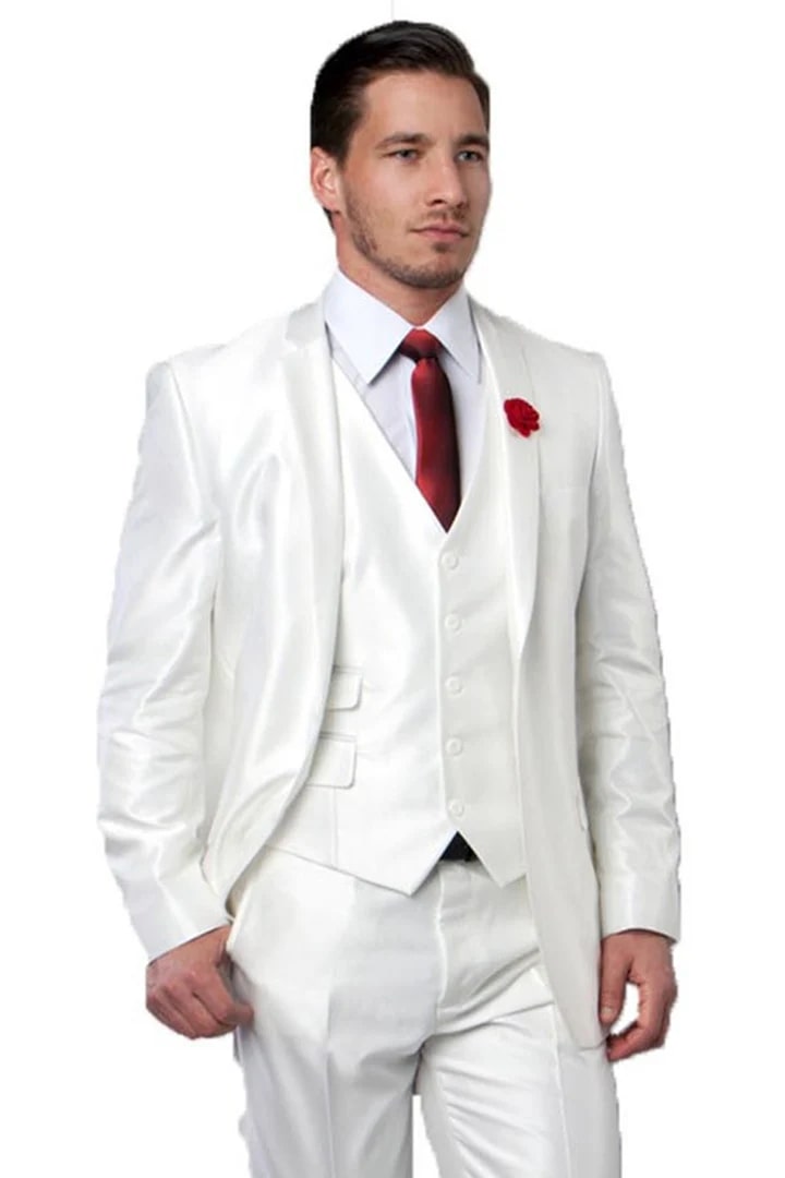 Cheap Suit - Men's Two Button Vested Shiny Sharkskin Wedding & Prom Fashion Ivory Suit