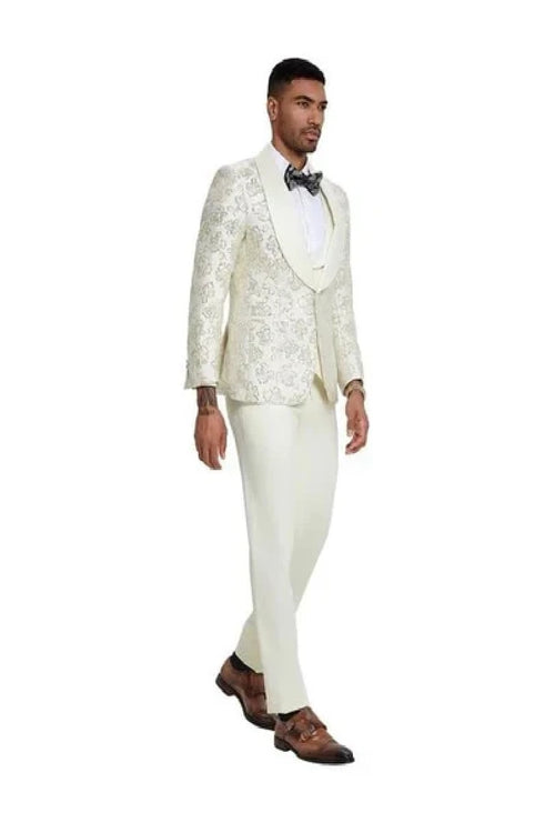 2026 Ivory Shiny Floral Mens 3pc Prom 2026 Suit by Tazzio