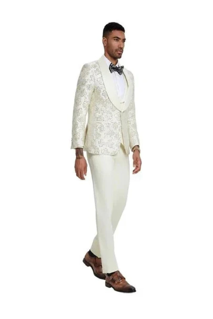 2026 Ivory Shiny Floral Mens 3pc Prom 2026 Suit by Tazzio