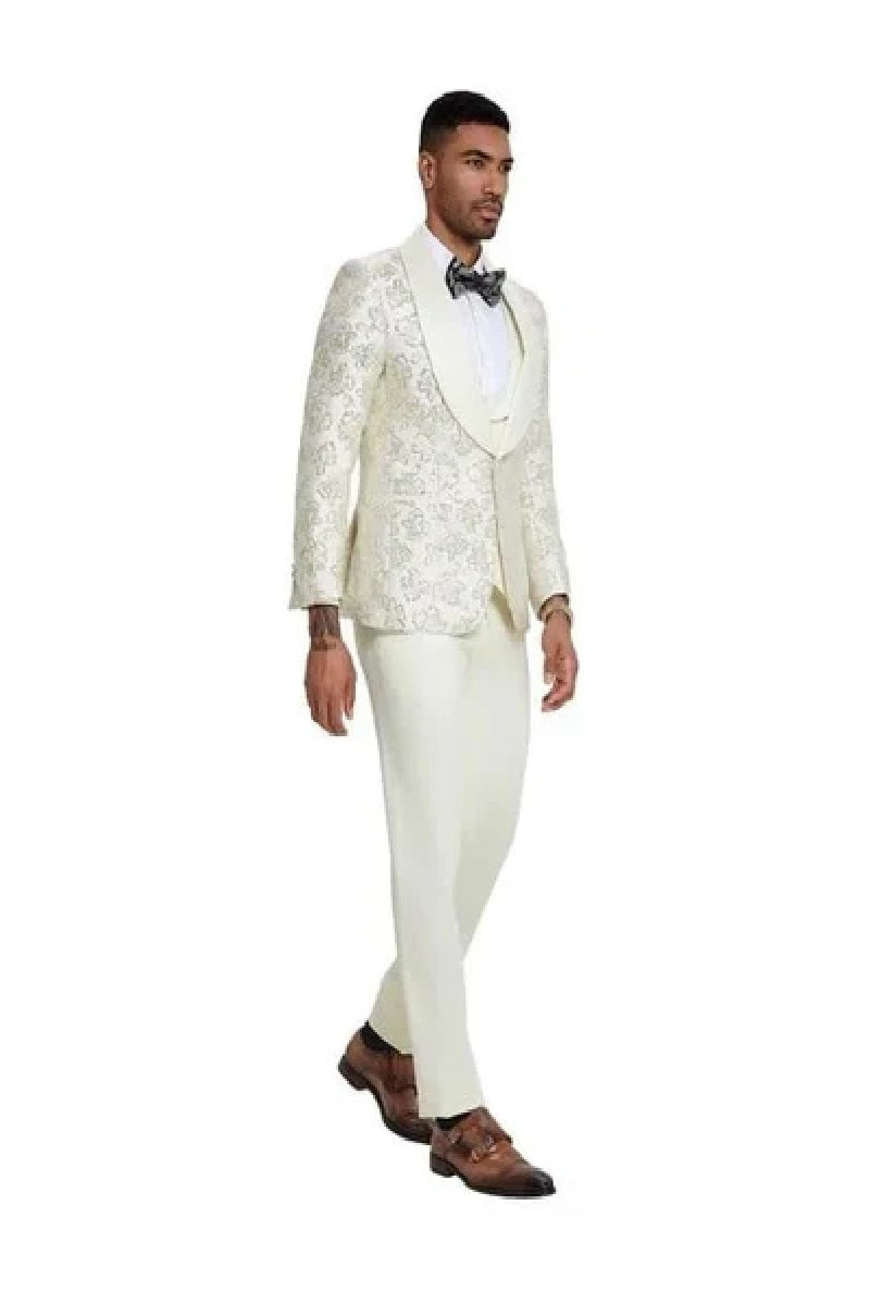 2025 Ivory Shiny Floral Mens 3pc Prom 2025 Suit by Tazzio - 38 Short Jacket+32 Waist Adjustable 28to34)(Height: 5 4 to5 7 )(Neck  15-16.5)S-M)