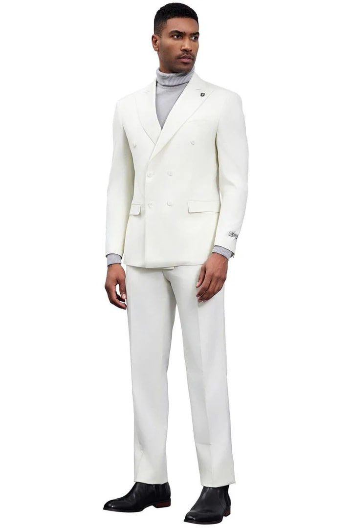 Cheap Priced Suit- Men's Designer Stacy Adams Classic Double Breasted Ivory Suit - 38 Short Jacket+32 Waist Adjustable 28to34)(Height: 5 4 to5 7 )(Neck  15-16.5)S-M)