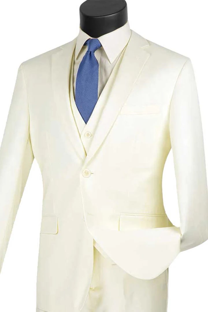 Cheap Priced Suit  - Mens Basic 2 Button Vested Slim Fit Ivory Suit off white - 38 Short Jacket+32 Waist Adjustable 28to34)(Height: 5 4 to5 7 )(Neck  15-16.5)S-M)