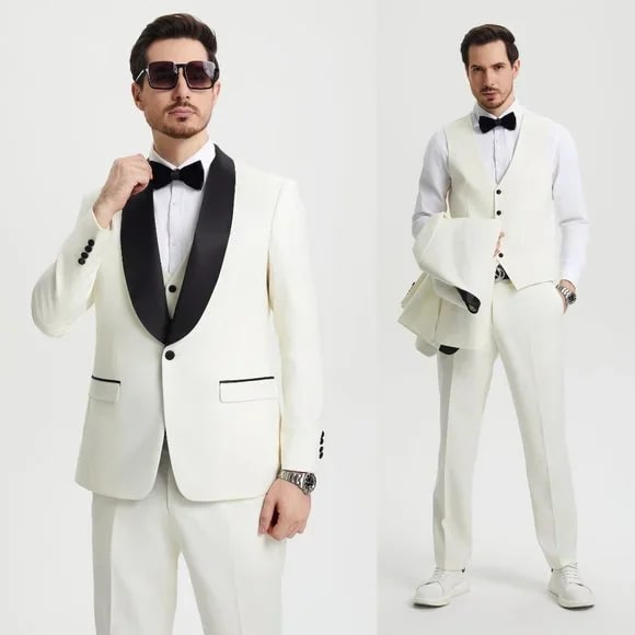 Stacy Adams 3pc Tuxedo Shawl Lapel, Off-White Ivory - 38 Short Jacket+32 Waist Adjustable 28to34)(Height: 5 4 to5 7 )(Neck  15-16.5)S-M)