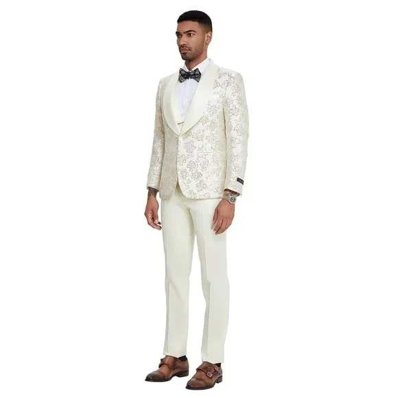 2024 Ivory Shiny Floral Mens 3pc Prom Suit by Tazzio