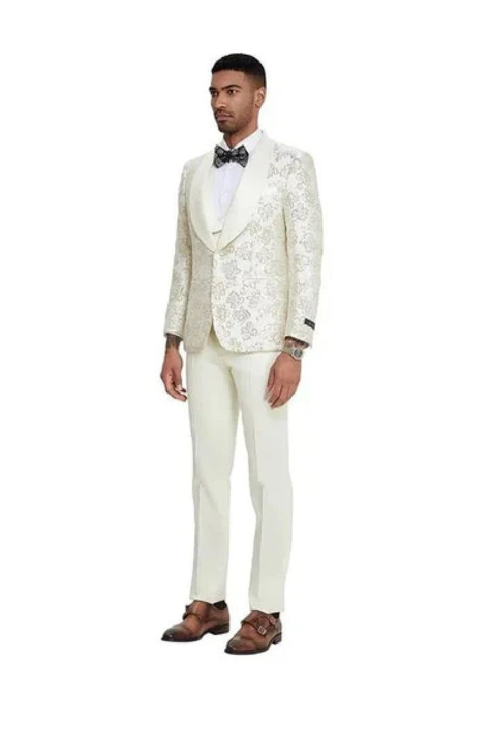 2026 Ivory Shiny Floral Mens 3pc Prom 2026 Suit by Tazzio