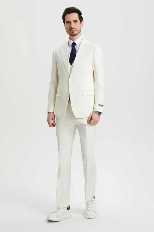 Cheap Priced Suit - Men's Two Button Vested Stacy Adams Basic Designer Sharkskin Ivory Suit