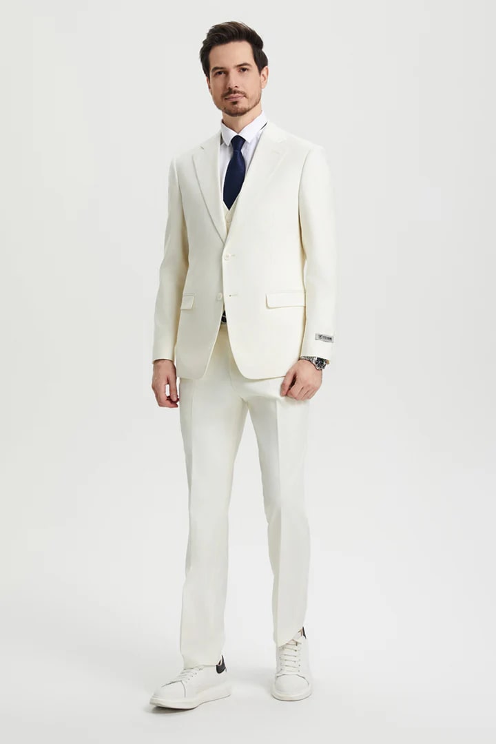 Cheap Priced Suit - Men's Two Button Vested Stacy Adams Basic Designer Sharkskin Ivory Suit - 38 Short Jacket+32 Waist Adjustable 28to34)(Height: 5 4 to5 7 )(Neck  15-16.5)S-M)